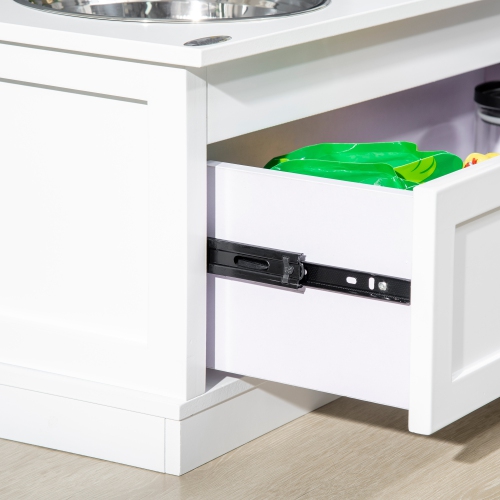 PawHut Elevated Dog Bowls with Storage Drawer, Raised Dog Bowls with Stand, 2 Stainless Steel Bowls for Large Dogs, White