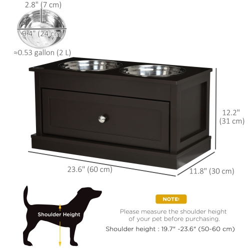 PawHut Elevated Dog Bowls with Storage Drawer, Raised Dog Bowls with Stand, 2 Stainless Steel Bowls for Large Dogs, Coffee