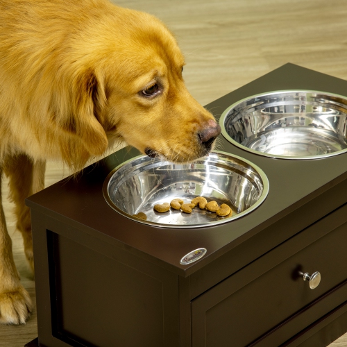 PawHut Elevated Dog Bowls with Storage Drawer, Raised Dog Bowls with Stand, 2 Stainless Steel Bowls for Large Dogs, Coffee