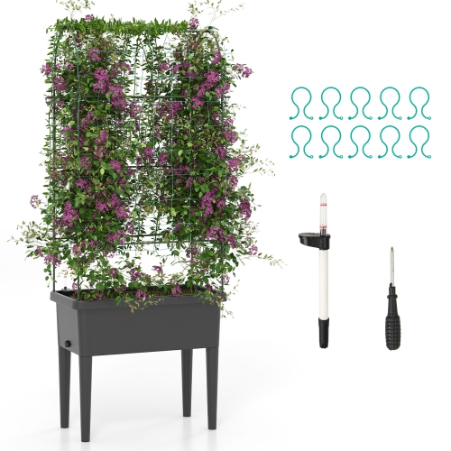 GYMAX  Raised Garden Bed W/ Trellis Water Level Observer Drainage Holes Climbing Net