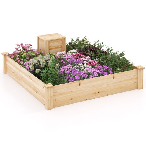 GYMAX  Raised Fir Wood Garden Bed 49" X 49" X 10" Open Base Garden Bed W/ Composting Bin