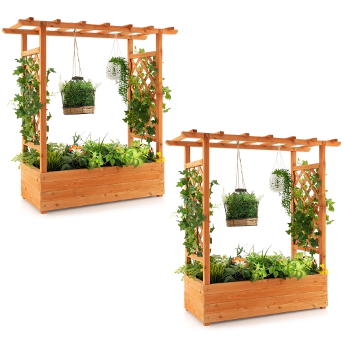 GYMAX  2PCs Raised Garden Bed Planter Box W/ Side & Top Trellis for Vine Climbing Plants