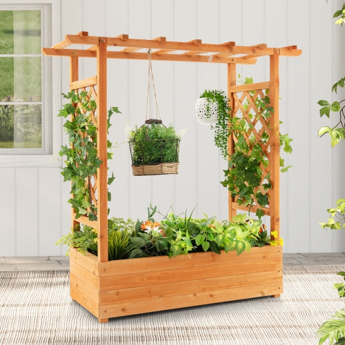 Gymax 2PCS Raised Garden Bed Planter Box w/ Side & Top Trellis for Vine Climbing Plants
