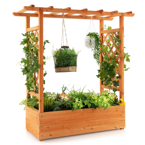 Gymax 2PCS Raised Garden Bed Planter Box w/ Side & Top Trellis for Vine Climbing Plants