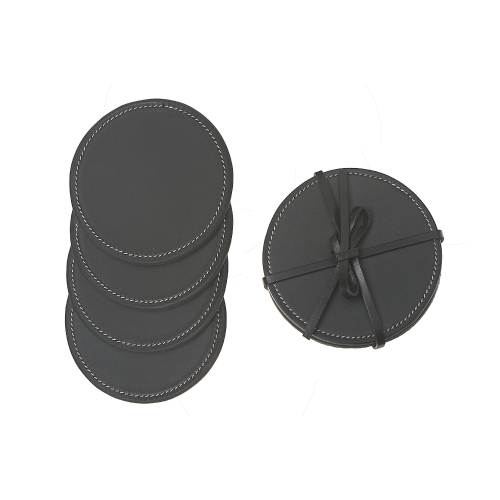 MAISON CONCEPTS  4PC Round Genuine Leather Coasters In Black