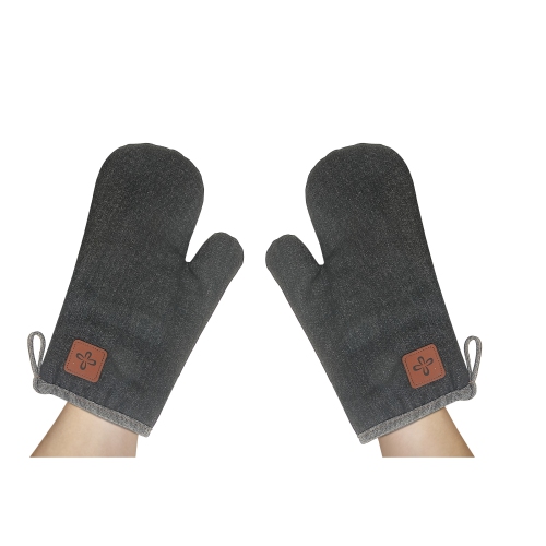 Maison Concepts 2 PC Black Denim Oven Mitt With Leather Badge