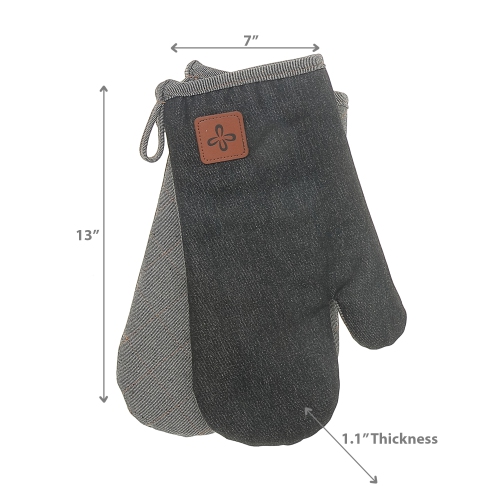 Maison Concepts 2 PC Black Denim Oven Mitt With Leather Badge