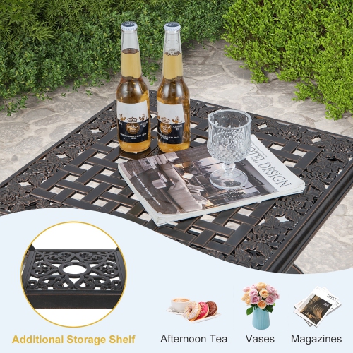 Gymax 21'' Cast Aluminum Outdoor Side Table Patio Square Coffee Table w/ Storage Shelf