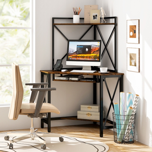 Gymax Corner Desk Space-Saving Computer Desk w/ Shelves & Keyboard Tray Rustic Brown