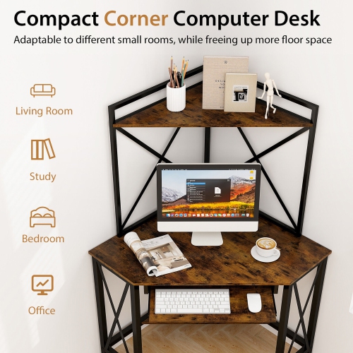 Gymax Corner Desk Space-Saving Computer Desk w/ Shelves & Keyboard Tray Rustic Brown
