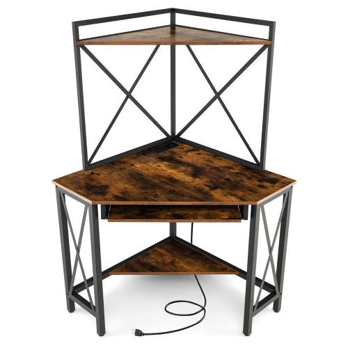 Gymax Corner Desk Space-Saving Computer Desk w/ Shelves & Keyboard Tray Rustic Brown