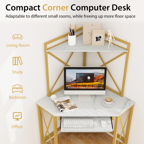 Gymax Corner Desk Space-Saving Computer Desk w/ Shelves & Keyboard Tray White