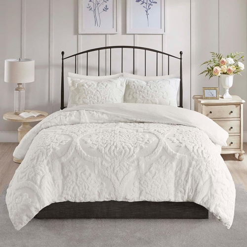 Madison Park Viola 3 Piece Tufted Cotton Chenille Duvet Cover Set, King/Cal King(104"x92"), Damask White