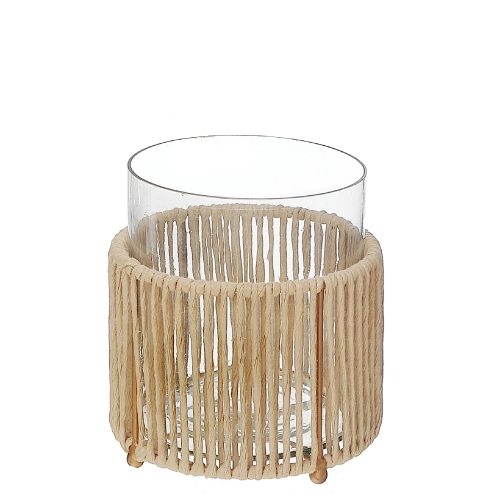 MAISON CONCEPTS  Glass Candle Holder Hurrican With Metal & Raffia Base 6.25"