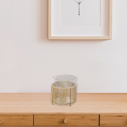 Maison Concepts Glass Candle Holder Hurrican With Metal & Raffia Base 6.25"