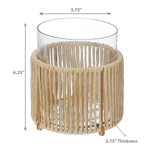 Maison Concepts Glass Candle Holder Hurrican With Metal & Raffia Base 6.25"