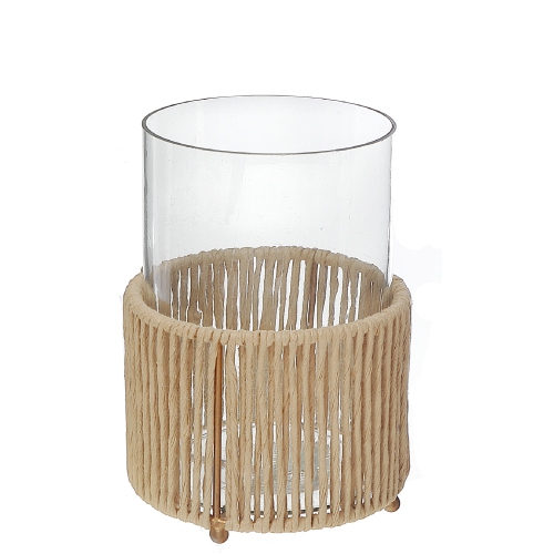 MAISON CONCEPTS  Glass Candle Holder Hurrican With Metal & Raffia Base 8"