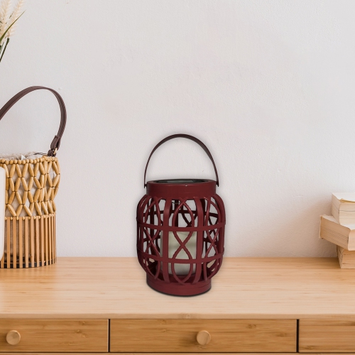 Maison Concepts LED Solar Basket Weave Lantern With Faux Candle Red
