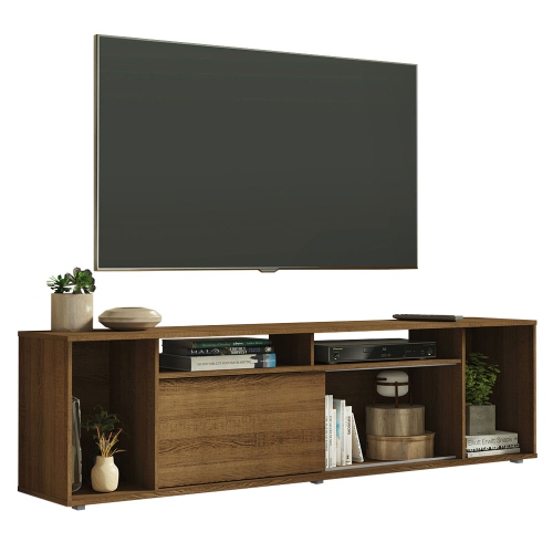 Meuble multimédia Madesa avec 1 porte coulissante et 5 tablettes, meuble pour téléviseur jusqu'à 80 po, bois, 20 x 14 x 71 po - brun