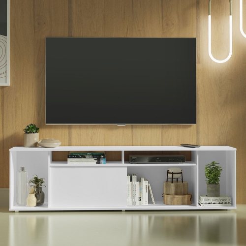 Madesa Large Entertainment Center with 1 Sliding Door, 5 Shelves and Open Shelves for 65, 75 Inch Media Storage Gaming Media Console Modern Wooden