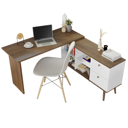 Bureau en L moderne Madesa 59 po avec 2 tiroirs et 4 tablettes de rangement table d'angle pour enfants et adultes - Blanc/brun