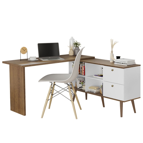 Madesa Modern L Shaped Desk 59 Inch with 2 Drawers and 4 Storage Shelves Home Office Corner Study Table Unit for Kids and Adults - White/Brown