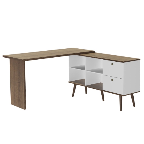 Madesa Modern L Shaped Desk 59 Inch with 2 Drawers and 4 Storage Shelves Home Office Corner Study Table Unit for Kids and Adults - White/Brown