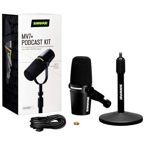 Microphone dynamique XLR/USB-C MV7+-K de Shure avec support - Noir