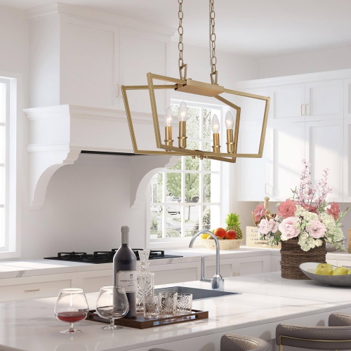 Modern Minimalist Gold Bedroom Chandelier, 4-Light Transitional Mid-century Kitchen Dining Room Candlestick Chandelier Ceiling Light