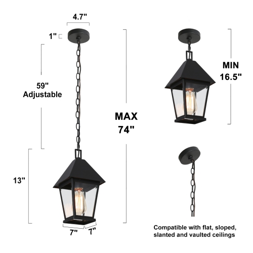 Modern Farmhouse Black Metal Outdoor Hanging Lights, 1-Light Industrial Outdoor Pendant Light with Clear Glass Shade
