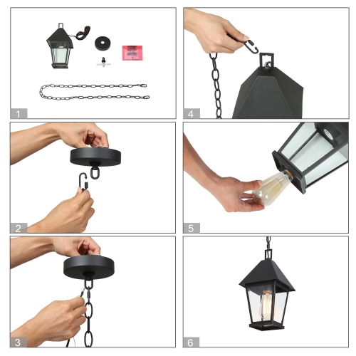 Modern Farmhouse Black Metal Outdoor Hanging Lights, 1-Light Industrial Outdoor Pendant Light with Clear Glass Shade