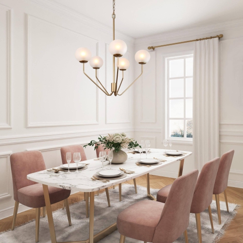 Mid-Century Modern Living Room Chandelier, 5-Light Brass Gold with Frosted Globe Glass Modern/Contemporary LED Dry Rated Chandelier