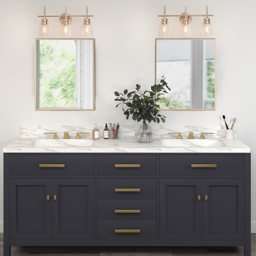 Farmhouse Gold Bathroom Vanity Light, 3-Light Modern Bell Brass Vanity Light Bar with Clear Glass Shades
