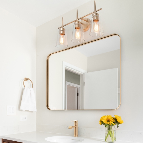 Farmhouse Gold Bathroom Vanity Light, 3-Light Modern Bell Brass Vanity Light Bar with Clear Glass Shades