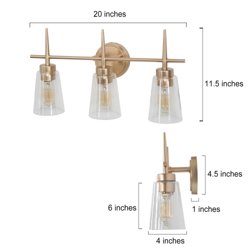 Farmhouse Gold Bathroom Vanity Light, 3-Light Modern Bell Brass Vanity Light Bar with Clear Glass Shades