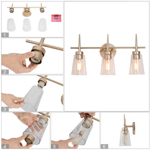 Farmhouse Gold Bathroom Vanity Light, 3-Light Modern Bell Brass Vanity Light Bar with Clear Glass Shades