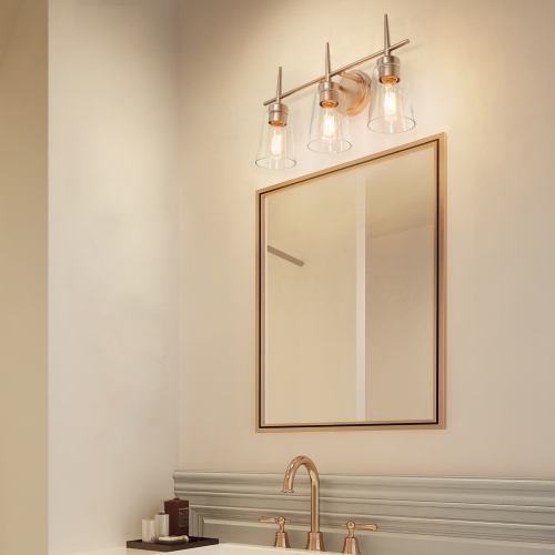 Farmhouse Gold Bathroom Vanity Light, 3-Light Modern Bell Brass Vanity Light Bar with Clear Glass Shades