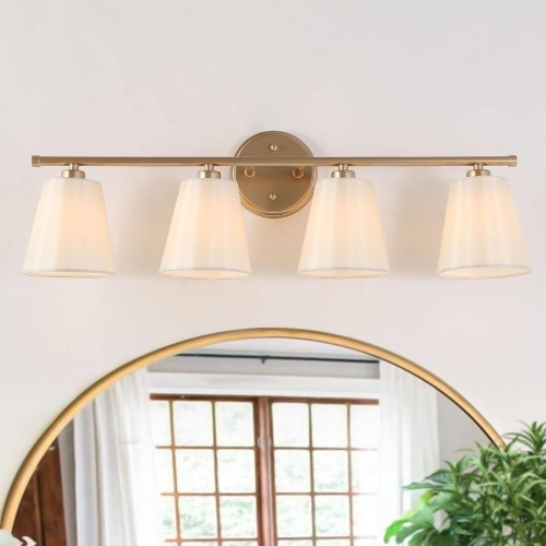 UOLFIN  Farmhouse Bathroom Vanity Lights, 26.5 In. 4-Light Modern Wall Sconce With Fabric Shades In Gold