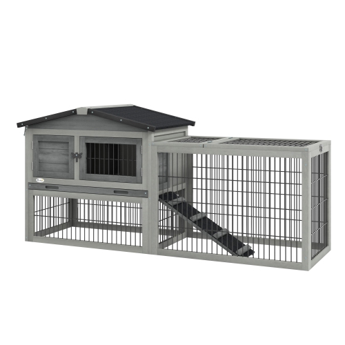 PawHut Solid Wood Rabbit Hutch Bunny Cage Pet Guinea Pig House Outdoor Small Animal Habitat w/ Ramp, Weather-Resistant Asphalt Openable Roof,