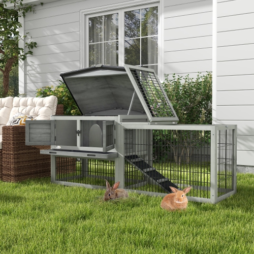 PawHut Solid Wood Rabbit Hutch Bunny Cage Pet Guinea Pig House Outdoor Small Animal Habitat w/ Ramp, Weather-Resistant Asphalt Openable Roof,