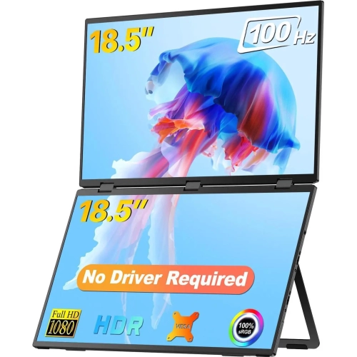 UPERFECT  18.5" Delta Dual Portable Monitor - 100Hz 1080P HDr 360° Folding Screen Extender | Stand & Vesa Mount | Plug & Play No Driver For