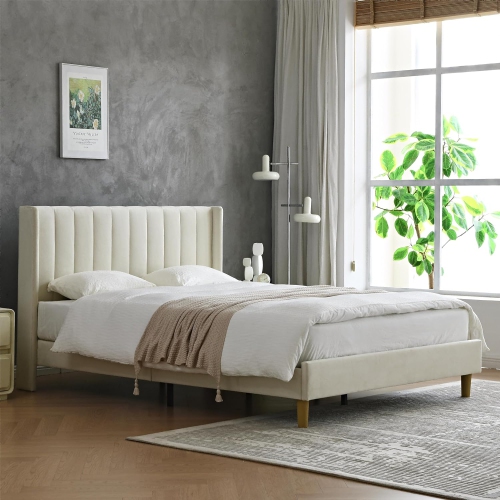 Luxurious Upholstered Platform Bed Frame, Velvet fabric covered headboard/Queen Size