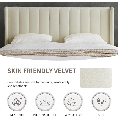 Luxurious Upholstered Platform Bed Frame, Velvet fabric covered headboard/Queen Size