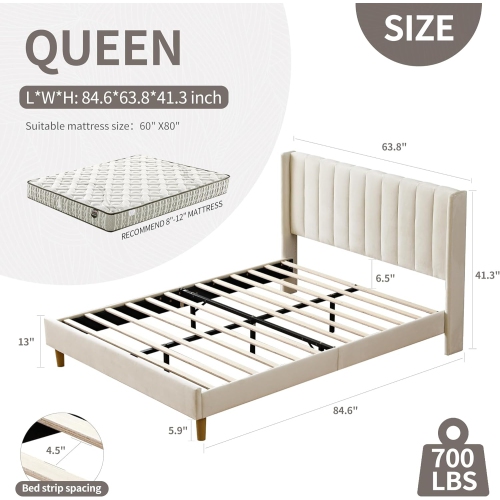 Luxurious Upholstered Platform Bed Frame, Velvet fabric covered headboard/Queen Size