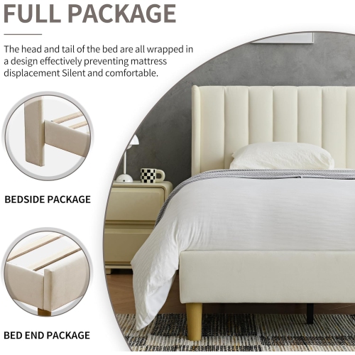 Luxurious Upholstered Platform Bed Frame, Velvet fabric covered headboard/Queen Size
