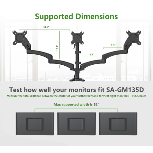 Refurbished - SHOPPINGALL Fully Adjustable Triple Gas Spring LCD Monitor Arm Desk Mount Stand with 2 Swing Arms for Three 15"-32" Monitors -