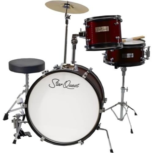 STARQUEST  Junior 3-Piece Drum Set, Metallic Wine Finish With Bass, Snare, Tom And Crash Cymbal, Perfect for Young Drummers And Beginners In Red