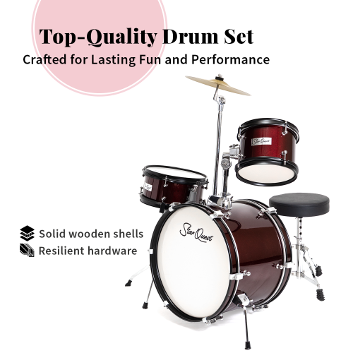 Ensemble de batterie 3 pièces Junior de StarQuest – Fini rouge vin métallique haut de gamme avec guitare basse, caisse claire, tom et cymbale Crash –