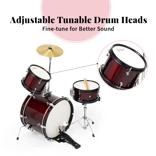 Ensemble de batterie 3 pièces Junior de StarQuest – Fini rouge vin métallique haut de gamme avec guitare basse, caisse claire, tom et cymbale Crash –