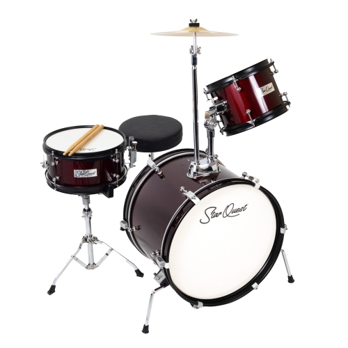 Ensemble de batterie 3 pièces Junior de StarQuest – Fini rouge vin métallique haut de gamme avec guitare basse, caisse claire, tom et cymbale Crash –